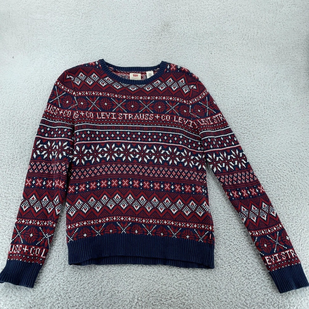 Levi's Holiday Sweater Mens Small Fair Isle Knit Navy Red Crewneck Pullover Xmas